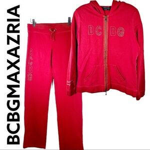 BCBGMAXAZRIA Y2K Red Rhinestone Logo 2 Piece Track Suit, Size Large